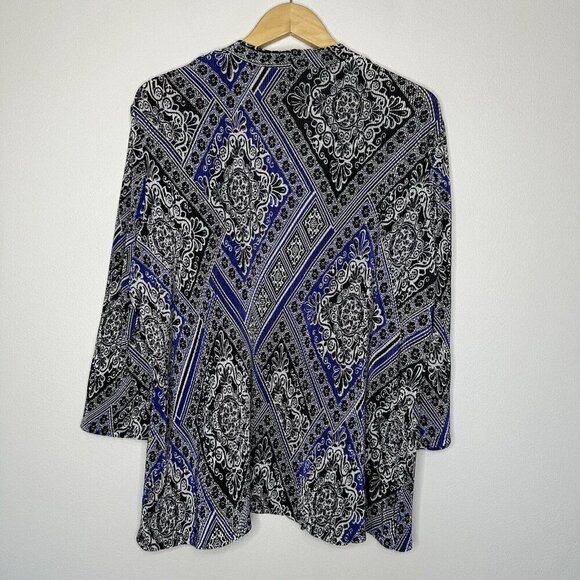 Chicos Travelers Cardigan Size XL Black Blue Pleated Paisley Artsy - Picture 7 of 9
